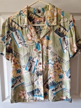 Vintage Caribbean Joe Pale Green Hawaiian Tropical Postcard Button-Down Shirt